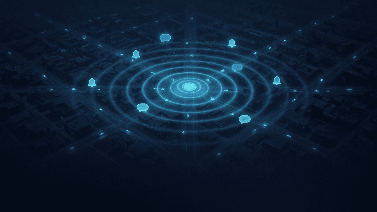 JobBox: aerial night city with pulse rings radiating from a central hub toward field vehicles, with bell and chat glyphs