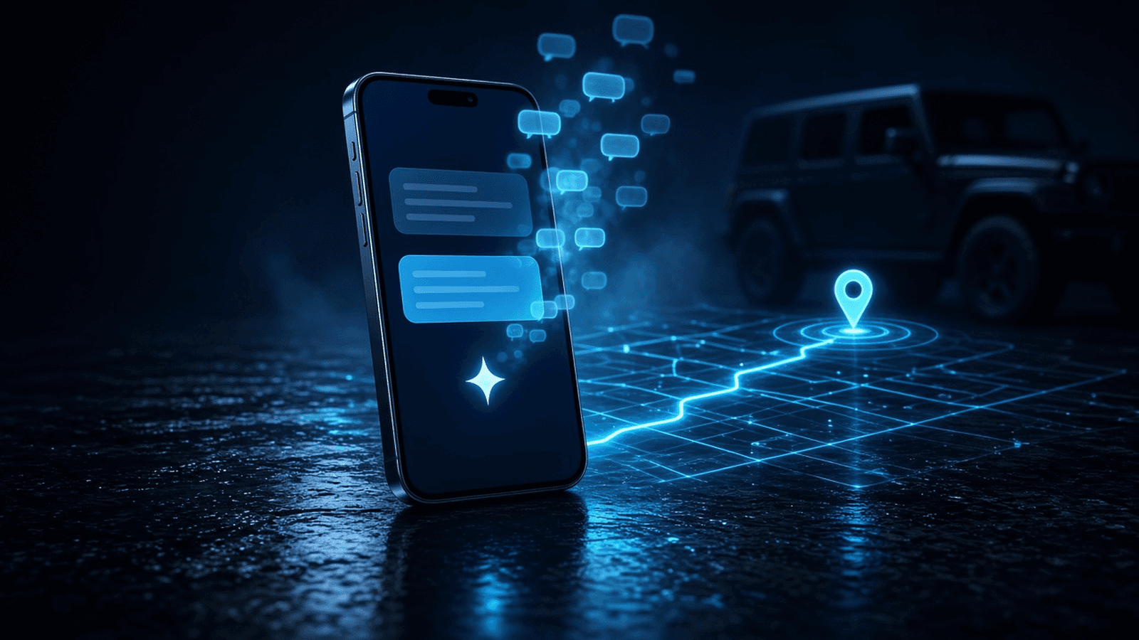 UTrack: a phone showing an in-app AI assistant chat, with chat bubbles rising toward a glowing route map and pin beside a parked SUV