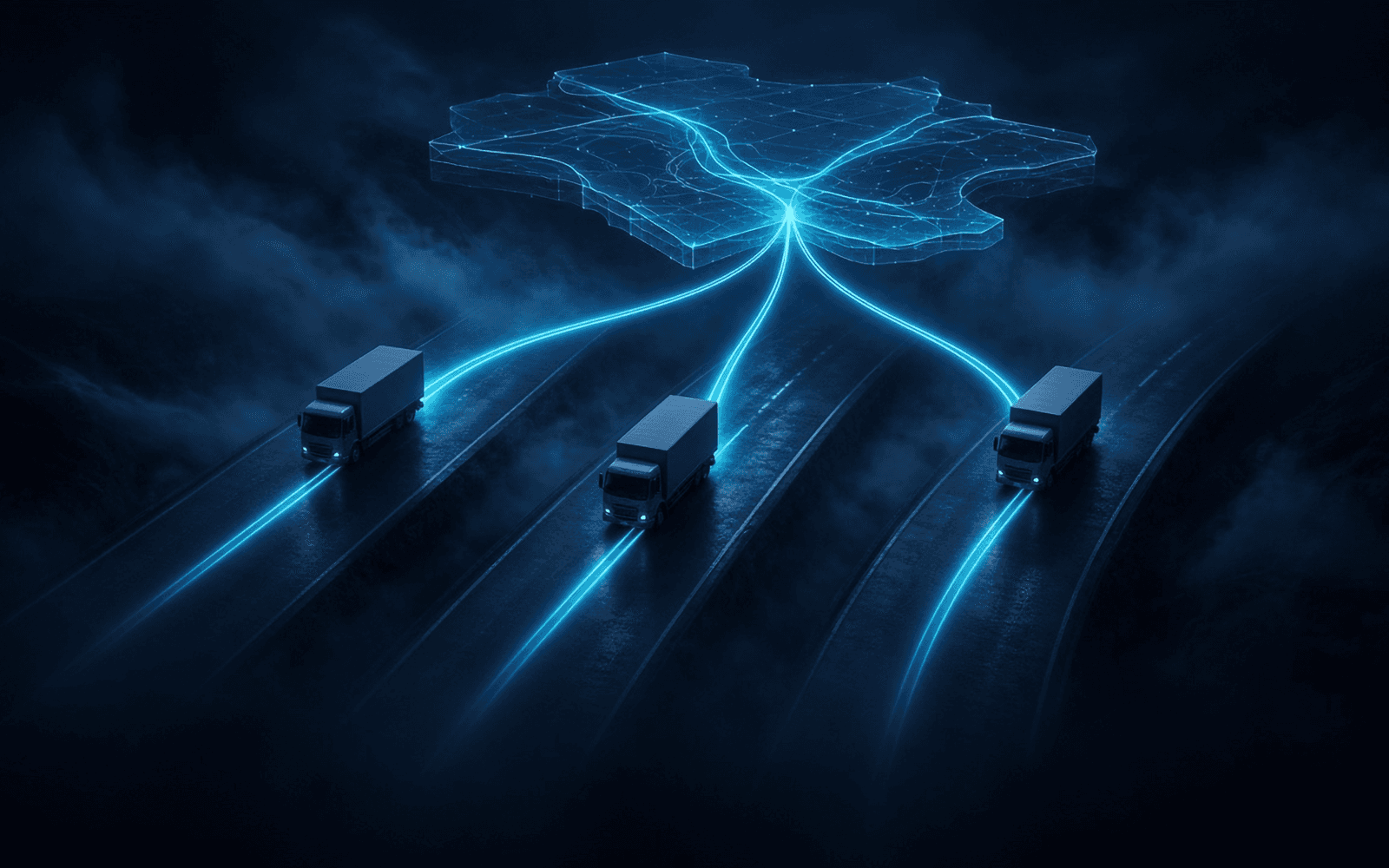 Three unbranded box trucks on parallel night highways, each trailing a cyan route line up into one shared holographic map