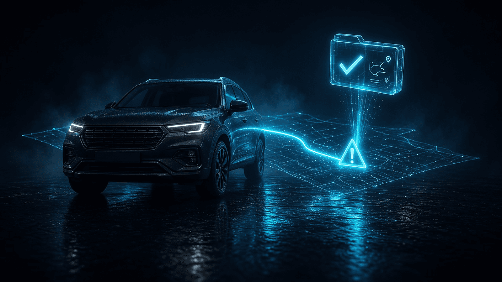 GeoLox Admin incident extraction: a harsh-driving warning marker on a glowing route behind a dark SUV lifts into a checked incident package