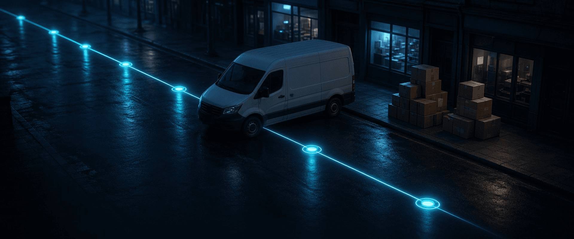 A white van at night-lit shopfronts beside stacked parcels, the daily route drawn as glowing stops along the street
