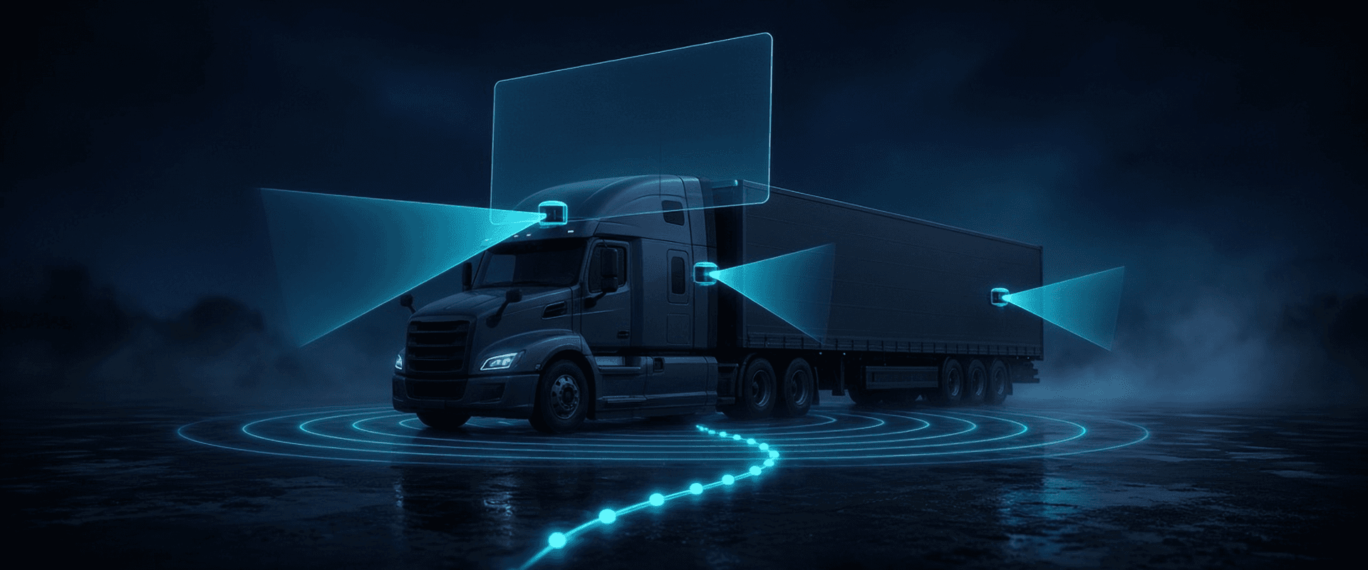 A semi-truck in a night yard with glowing dashcam view cones, a blank floating video frame, an alarm pulse ring and a GPS trail