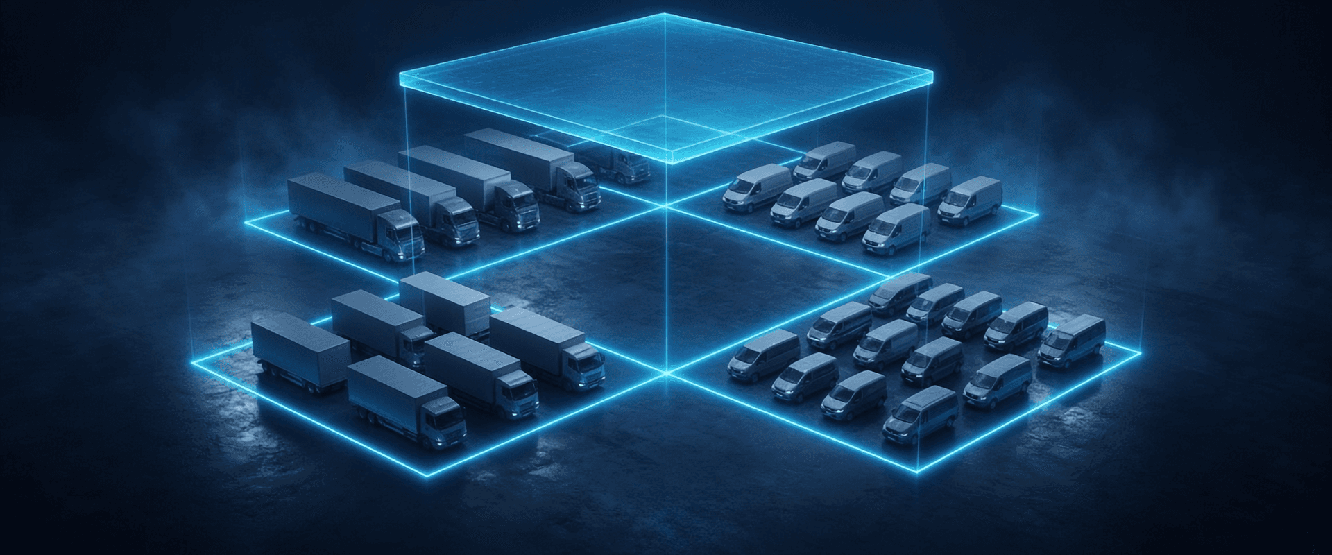 Trucks and vans parked in four glowing tenant zones at night, joined by light lines up to one shared translucent platform box
