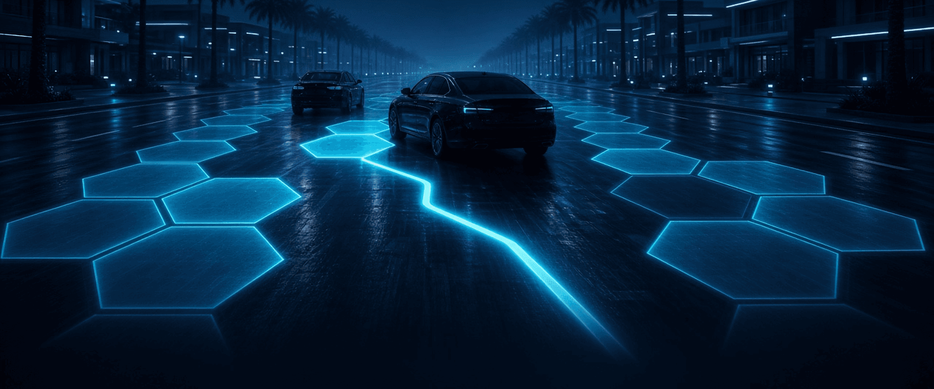 Dark sedans on a palm-lined night boulevard, glowing hexagonal surge zones on the road and a cyan fare route line between them