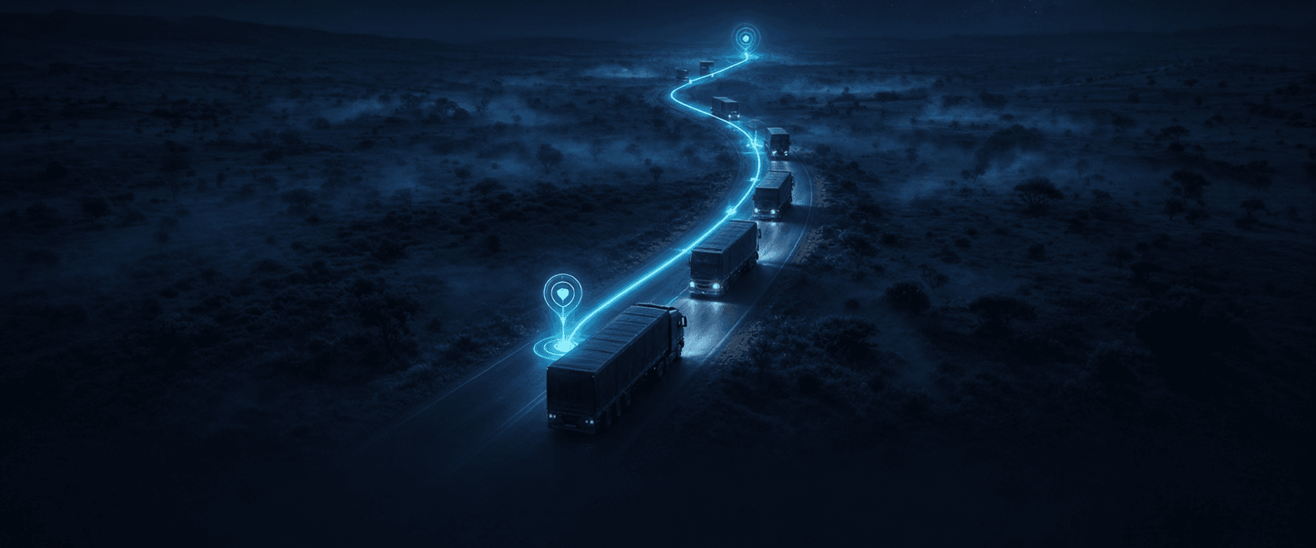 A convoy of semi-trucks on a winding night highway through open bush, following a glowing trip route with load and drop pins
