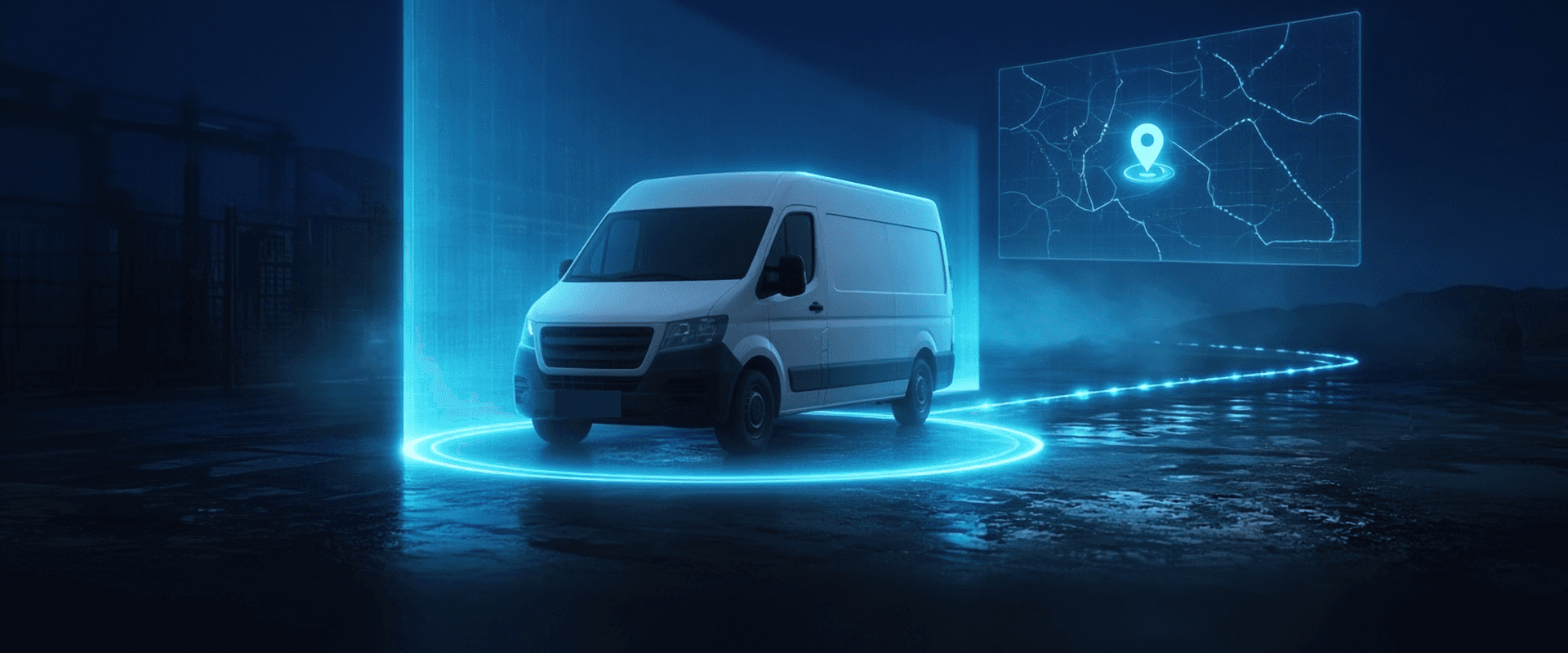 GeoLox: a white van crossing a glowing geofence wall inside an alert ring, with its route running to a map panel with a pin