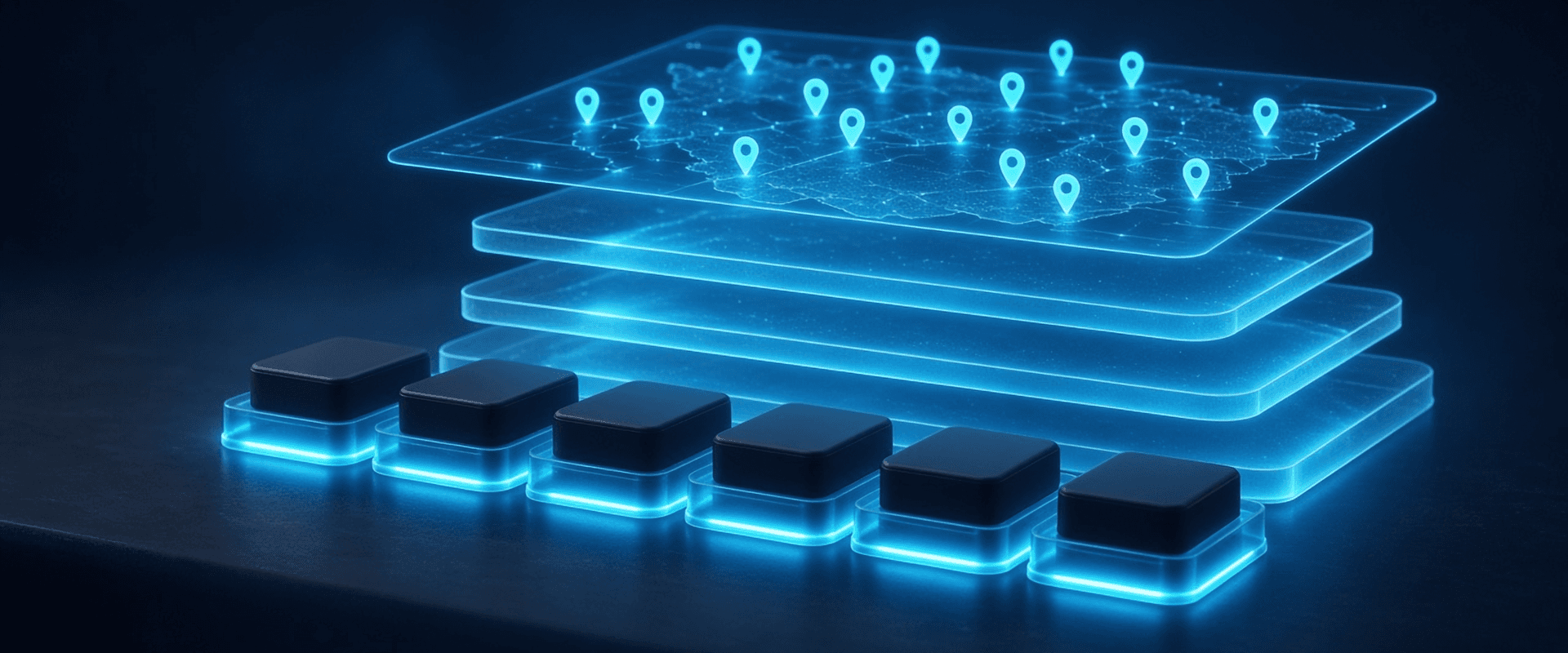 GeoLox Admin: GPS trackers on glowing cradles beside stacked translucent subscription tiers, a map of location pins on top