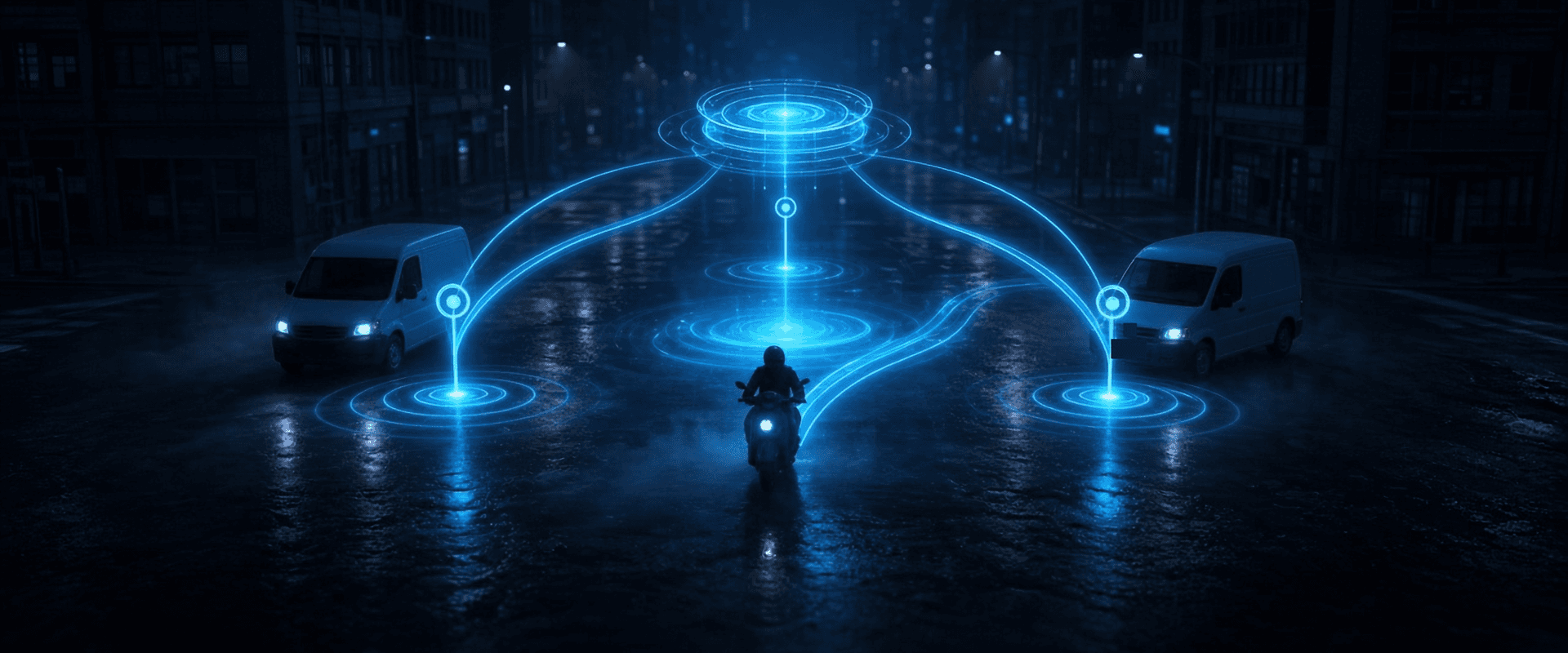 JobBox: two vans and a motorbike rider on a wet night street, linked by glowing dispatch arcs to a central hub ring above