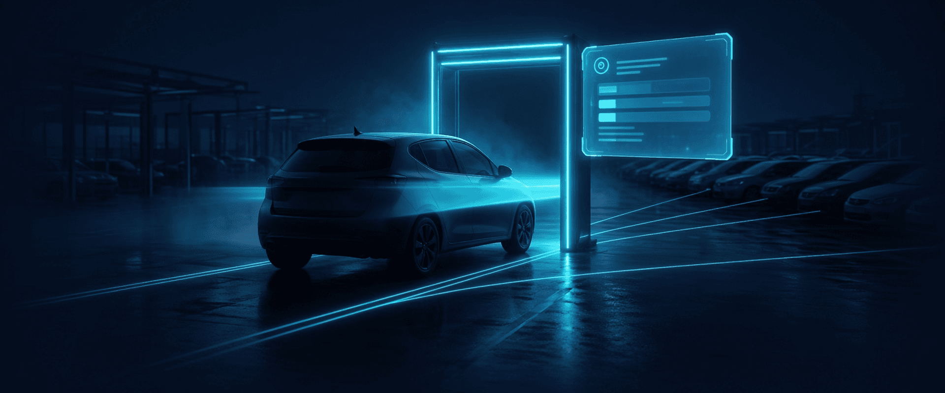 FleetFlow: a hatchback heading into a glowing inspection arch at a night rental depot, a document panel and parked cars beside it