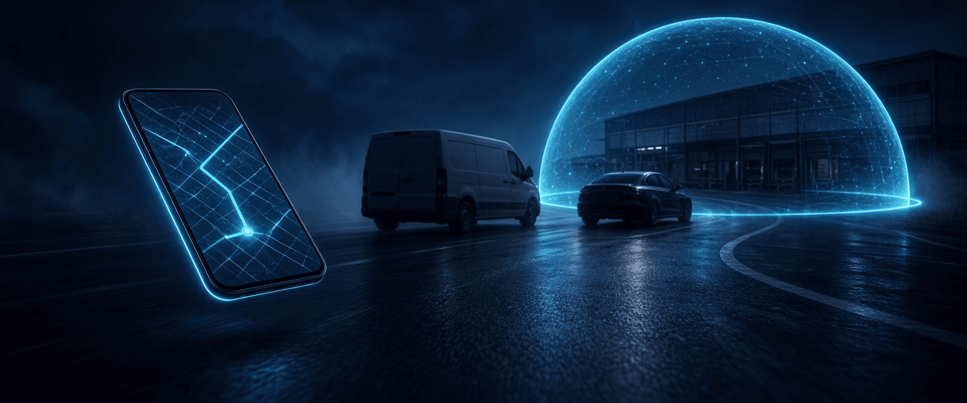 ProGPS: a phone with a glowing route map beside a van and a sedan on a night road, and a geofence dome over a depot building