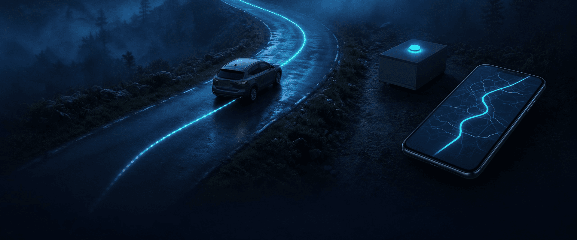 UTrack: an SUV on a winding night road leaving a glowing route trail, with a lit tracker box and a phone showing a route map