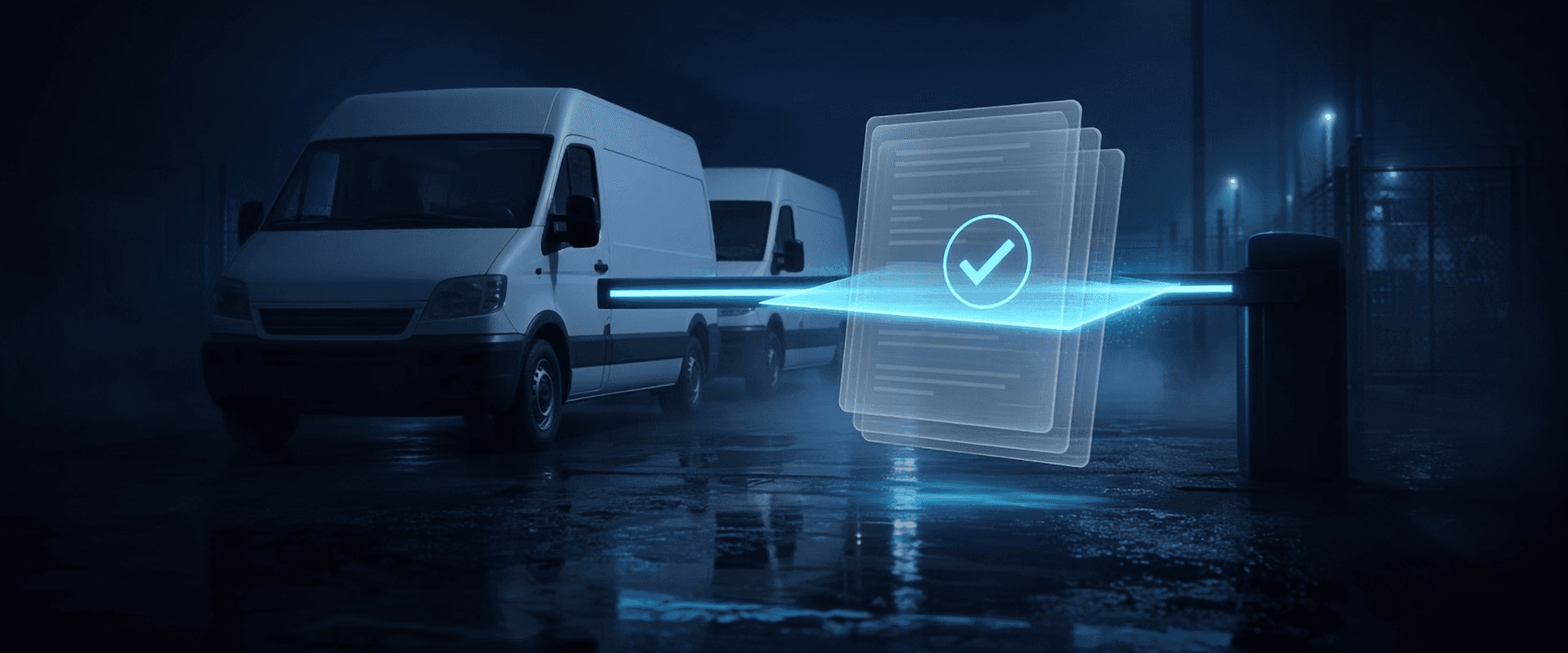 JobBox: white vans held at a night gate barrier while a holographic document stack with a check mark is scanned for dispatch