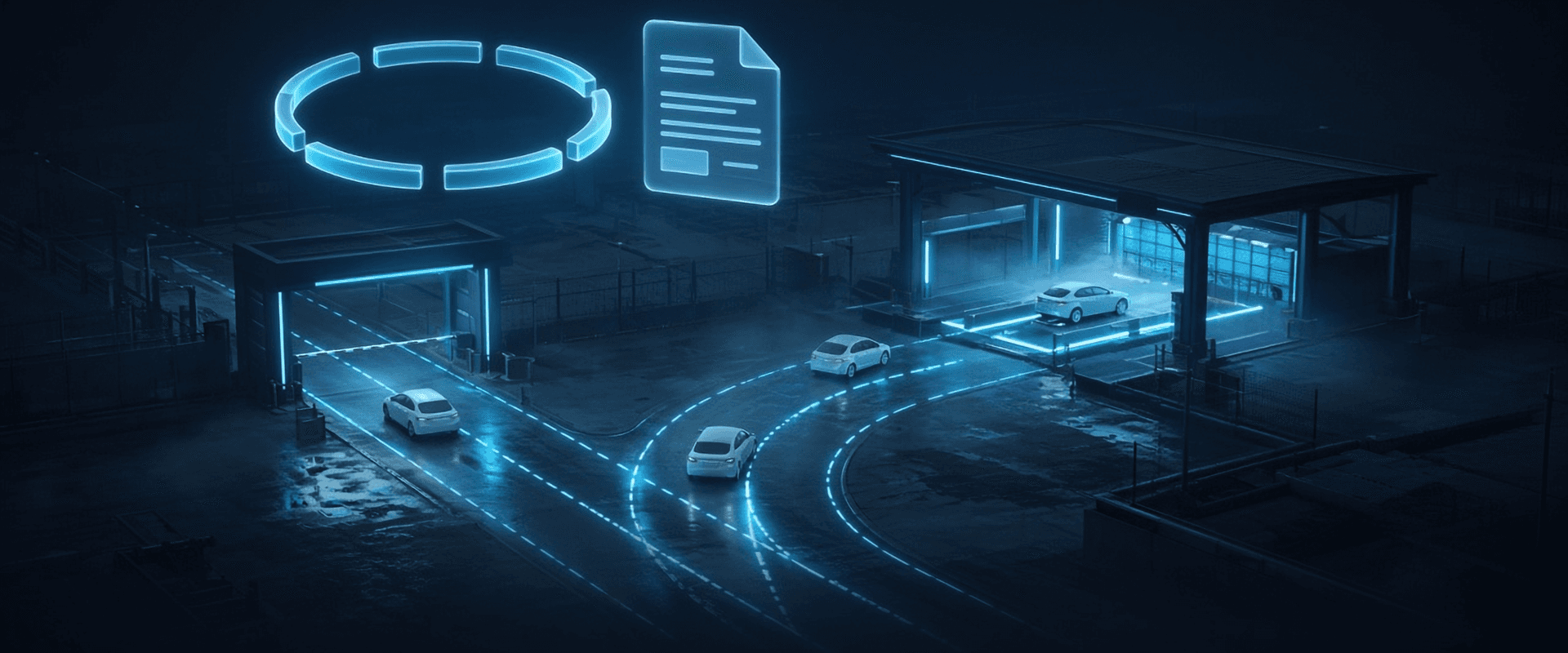 FleetFlow: rental cars moving from a depot gate to an inspection bay at night, under a segmented ring and an invoice glyph