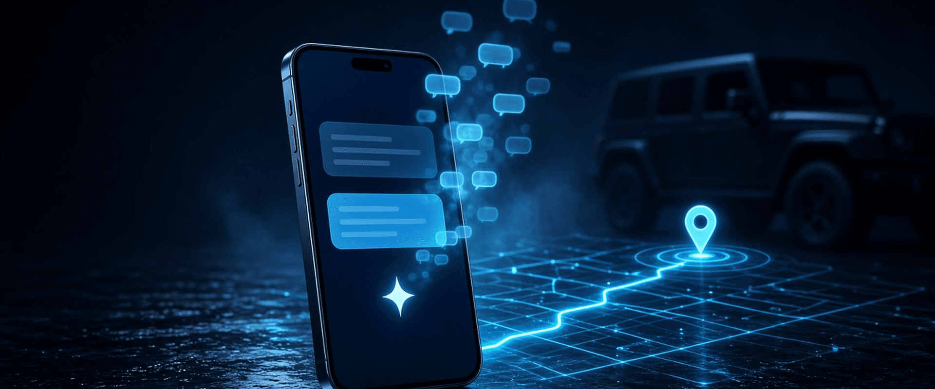 UTrack: a phone showing an in-app AI assistant chat, with chat bubbles rising toward a glowing route map and pin beside a parked SUV