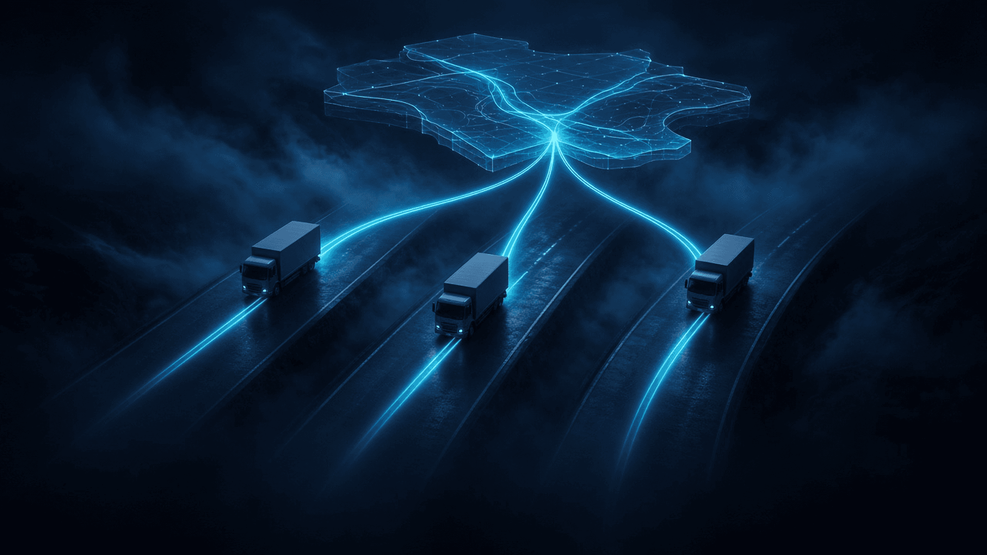 Three unbranded box trucks on parallel night highways, each trailing a cyan route line up into one shared holographic map
