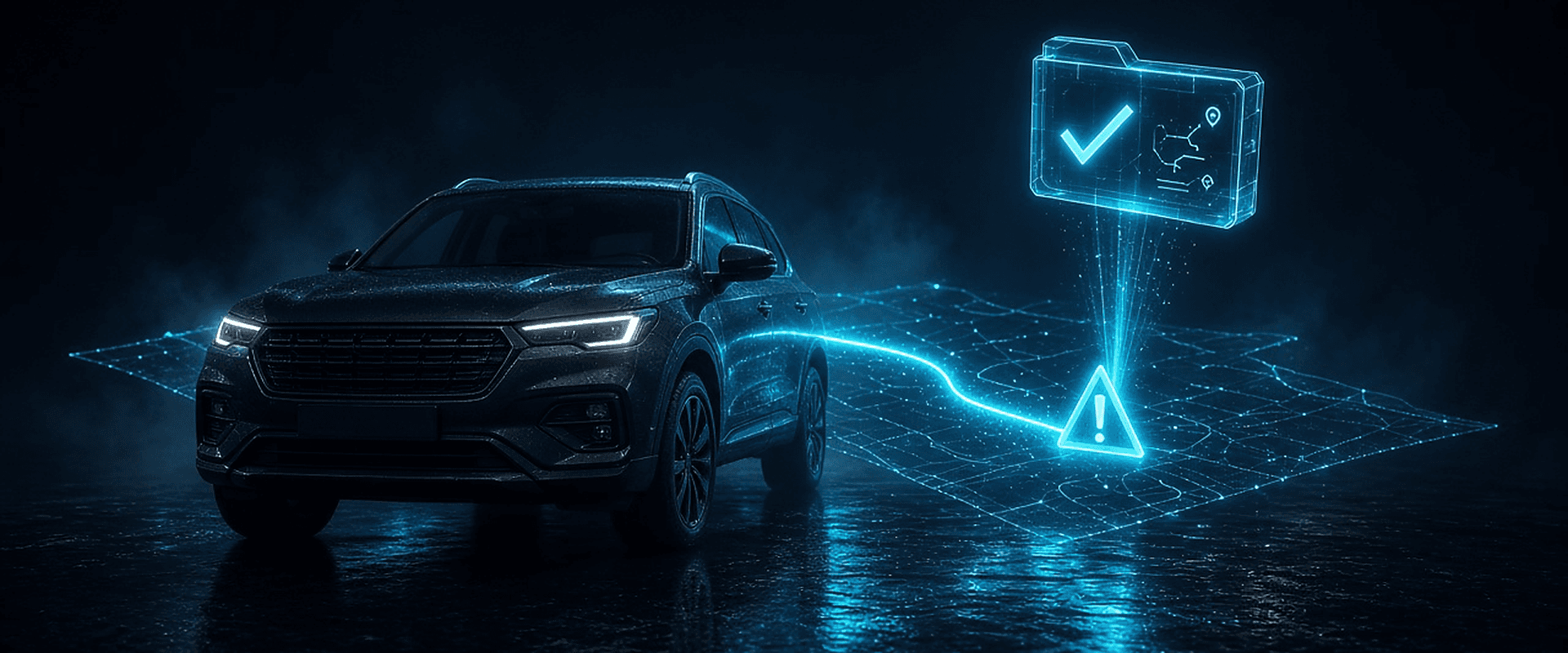 GeoLox Admin incident extraction: a harsh-driving warning marker on a glowing route behind a dark SUV lifts into a checked incident package