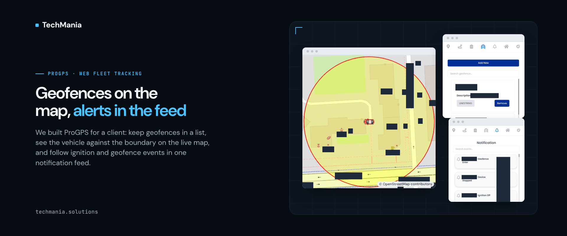 Banner reading "Geofences on the map, alerts in the feed", next to three ProGPS web screens: a circular geofence on the live map with the tracked vehicle inside; a geofence list with Add New, search, a LINESTRING type chip and Remove; a notification feed with geofence enter, device stopped and ignition off events. Map labels, geofence and device names, and event times are hidden.