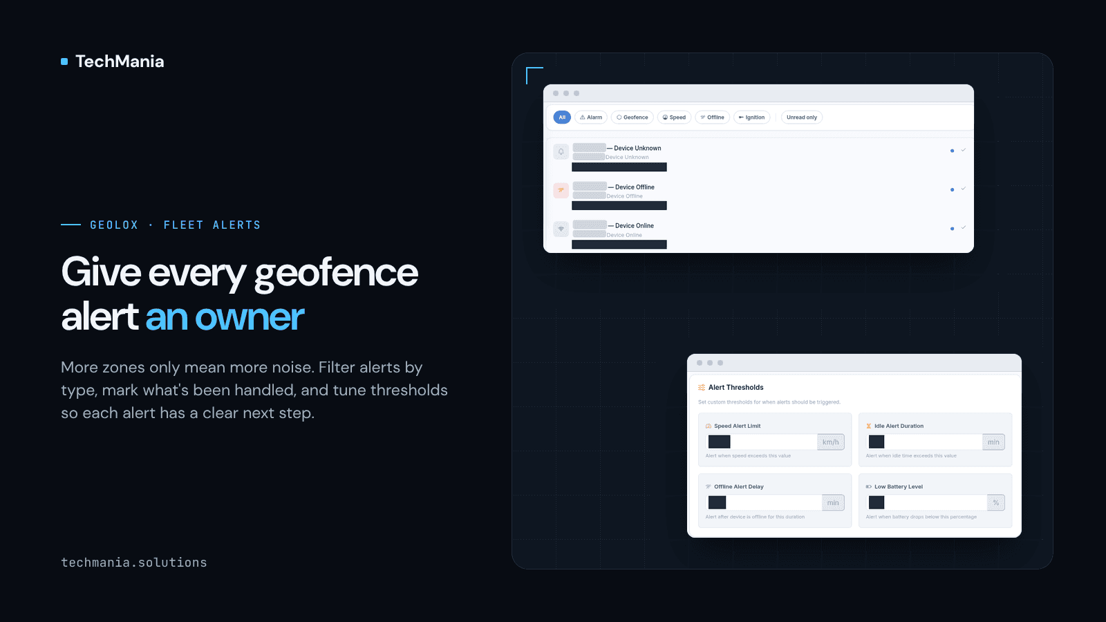 TechMania banner reading "Give every geofence alert an owner" over the GeoLox alerts list with type filters and alert threshold settings; device names, times and values barred